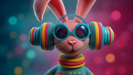 Rabbit with vibrant headphones and sunglasses exudes coolness while enjoying music. Colorful background enhances joyful mood. Concept of entertainment, fun parties, children's events