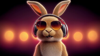 Rabbit wearing sunglasses and headphones enjoys upbeat music on vibrant stage. Brightly lit background creates festive atmosphere. Concept of music, entertainment, animal fun