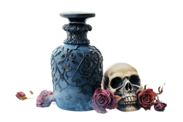 Gothic Vase with Skull and Dried Roses Isolated