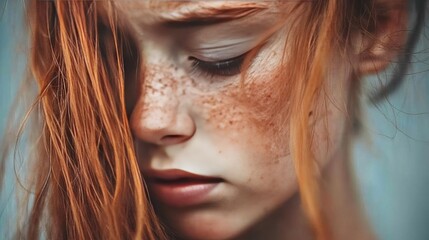 Fototapeta premium Close-Up Portrait of a Young Girl with Freckles and Red Hair Capturing Emotion and Beauty in Soft Lighting