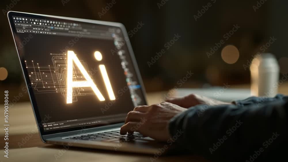 Poster a person types on a laptop displaying a glowing artificial intelligence logo. surrounding elements s