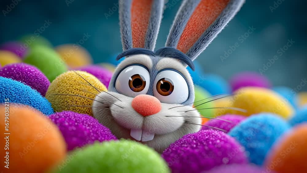 Aufkleber cartoon rabbit looking at camera with joyful expression while surrounded by soft colorful balls. che