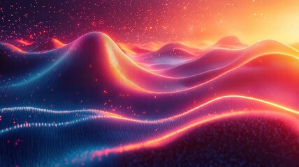 Vibrant abstract landscape with flowing waves of neo colors, evoking a sense o motion and energy, perfec for tech and creative proects.