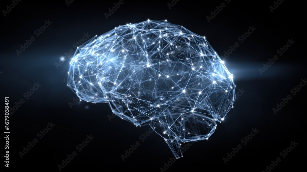 Poster a digital representation of a brain is displayed against a dark backdrop, featuring interconnected l