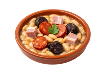A rustic terracotta bowl filled with a flavorful stew of white beans, chorizo, cured ham, and blood sausage.