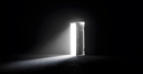 A white door in the center of an empty, dark room, with light shining through it. The background is dark and indistinct. 