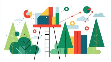 Obraz premium Colorful geometric shapes among trees in an abstract landscape.
