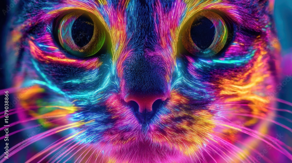 Poster a cat with striking, colorful patterns on its fur stares directly at the viewer, illuminated by neon