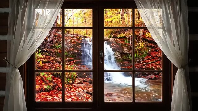 Cozy Cabin Window View of a Beautiful Autumn Forest Waterfall.
