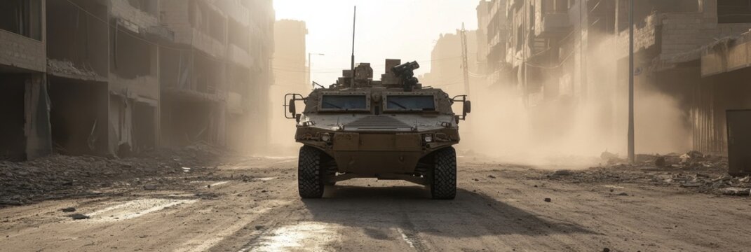 Military vehicle on dusty war-torn urban street
