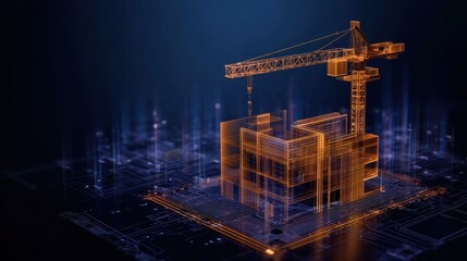 Digital model of building under construction with crane, for architecture, engineering, or educational use