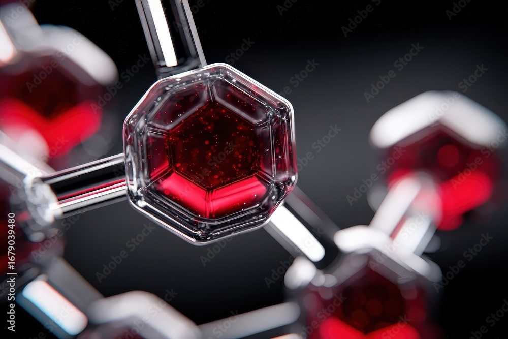 Poster a close-up view of a molecular structure with red liquid, showcasing intricate details and a strikin