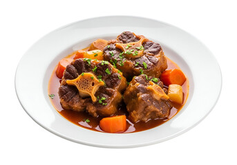 A close-up view of tender oxtail stew, richly colored and served in a white dish.