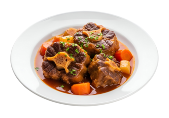 A close-up view of tender oxtail stew, richly colored and served in a white dish.