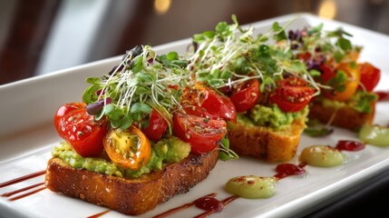 Sliced bread toasted to perfection showcases a vibrant layer of avocado spread topped with colorful cherry tomatoes and fresh microgreens, served in a stylish setting.