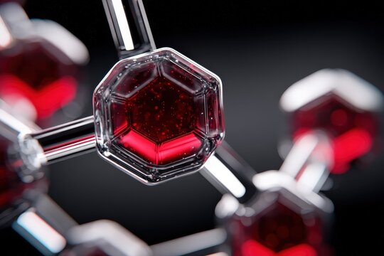 A close-up view of a molecular structure with red liquid, showcasing intricate details and a striking combination of colors against a dark background.