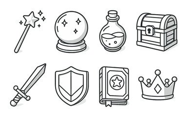 Fantasy icons: magic wand, crystal ball, potion, treasure chest, sword, shield, book, crown