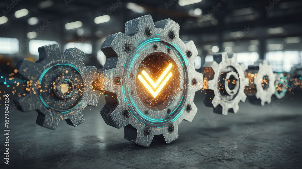 Poster digital illustration of interconnected gears with a glowing check mark, symbolizing successful syste