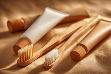 Naklejka premium Eco-friendly oral care: bamboo toothbrushes and biodegradable toothpaste on a soft golden backdrop.
