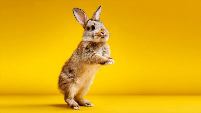 Rabbit standing on hind legs with yellow background