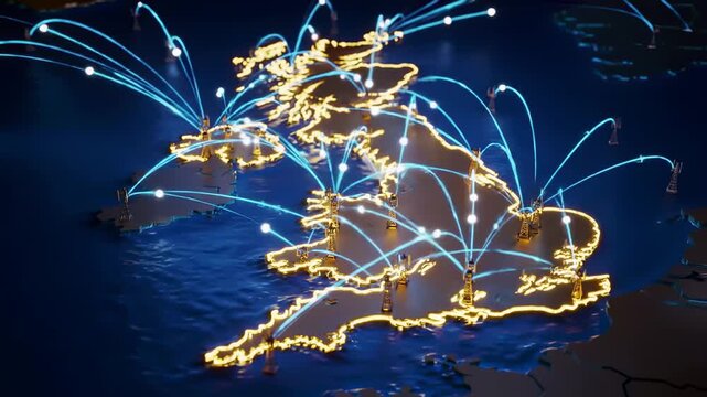 UK Digital Network: Futuristic 3D Map with Land-Based Data Streams & Glowing Cell Tower Connections Overlay