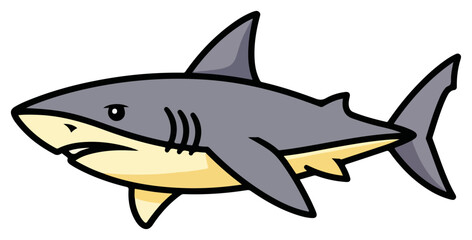 Fototapeta premium A cartoon illustration of a grey shark with yellow accents swimming.