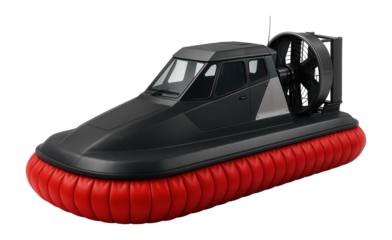 Firefighting hovercraft with red skirt and elevated pilot cabin