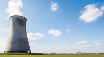 Large cooling tower emitting steam against a blue sky with clouds. Industrial power plant for energy production and urban electricity.