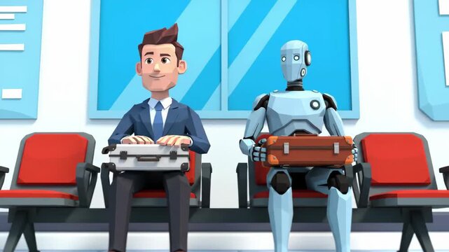 4K AI Job Rivalry: Low Poly Human and Robot Applicants Anxiously Await Interview on Office Chairs, Seamless Loop