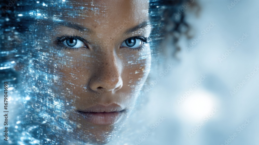 Poster A woman gazes thoughtfully, her striking blue eyes reflecting digital patterns. The background features glowing data streams, creating a surreal atmosphere that blends reality and technology.