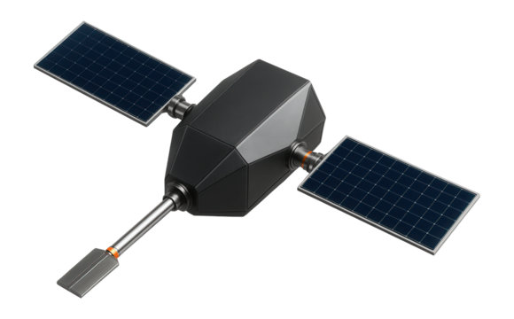 Military satellite with a trapezoidal shape and dual antenna booms