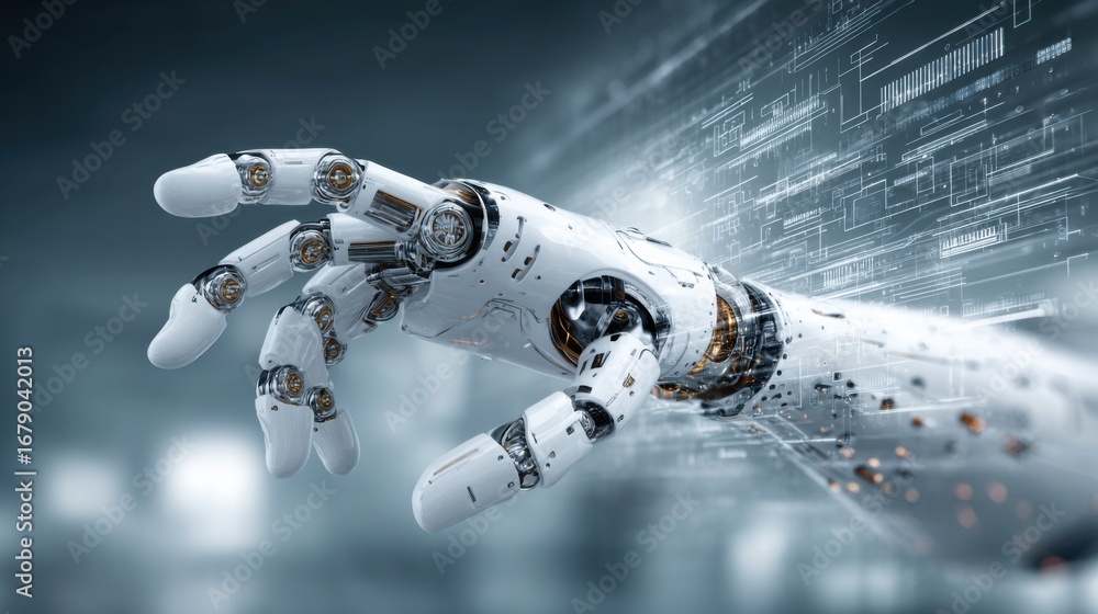 Poster a robotic arm extends outward in a modern, high-tech environment filled with digital interfaces and 