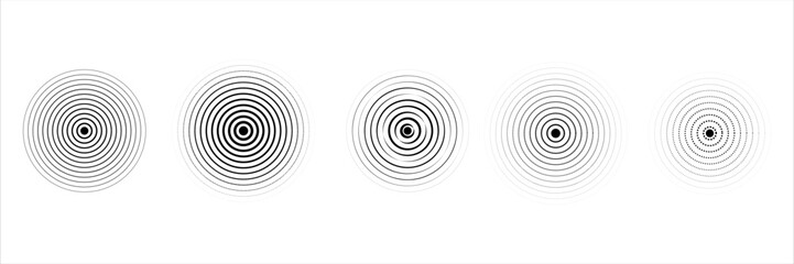Linear set of radar icons, sonar waves, concentric radial signal circles, echo sounder symbols. Vector black and white illustration on a transparent background for interfaces and infographics