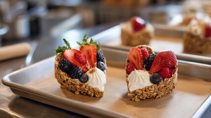 Brightly colored heart-shaped treats with granola crusts are topped with whipped cream and an array of fresh strawberries and berries, beautifully displayed on a tray.