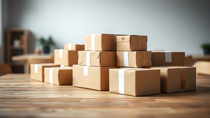 Obraz premium Neatly arranged package boxes on a wooden table represent an e-commerce concept with minimalist aesthetics.