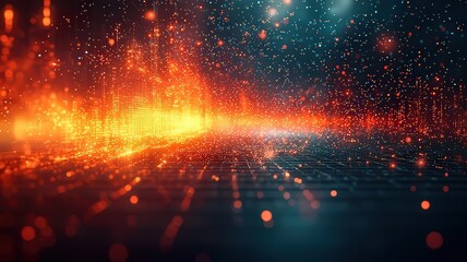 Fototapeta premium Dynamic abstract background of glowing particles and aves, creating a vibrant dgital landscape for technoogy and innovation themes.