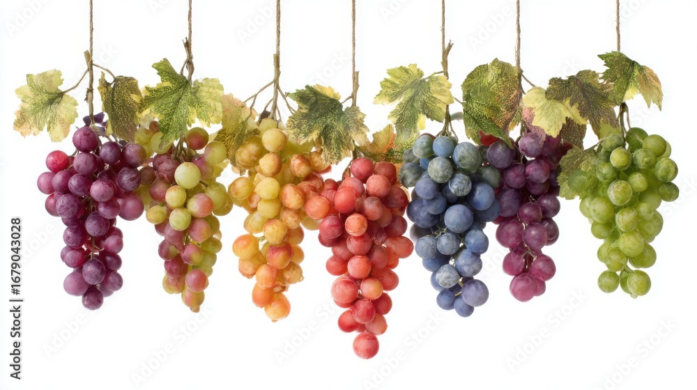 Poster a collection of grapes in various colors hangs from a string, each cluster adorned with green leaves