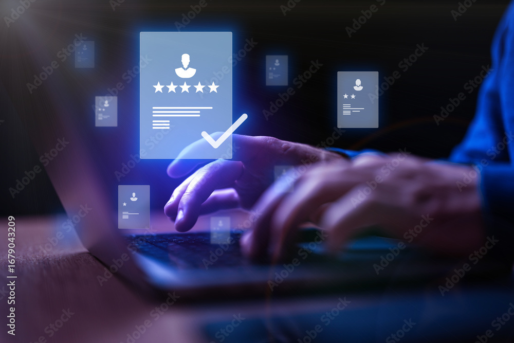 Poster user engaging with digital documents on a laptop with glowing icons in a modern workspace environmen