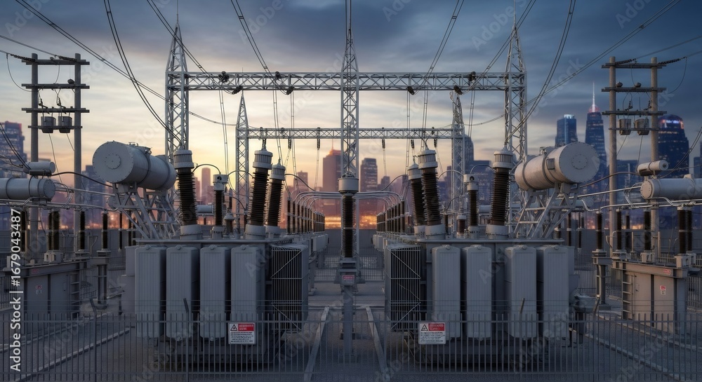 Poster electrical power substation with transformers and high voltage lines. urban electricity system for c