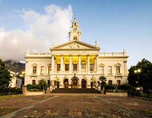 Obraz premium A grand, light-beige building, adorned with columns and arches, stands proudly on a cobblestone plaza, bathed in the soft golden light of dawn or dusk.