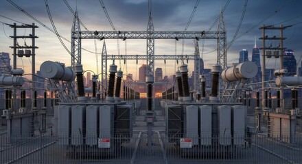 Electrical power substation with transformers and high voltage lines. Urban electricity system for city energy supply at sunset.