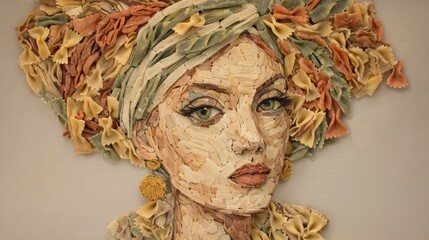 A striking portrait crafted from various pasta shapes captures a woman with an expressive face and colorful hair. The artwork highlights detailed textures and vibrant colors.