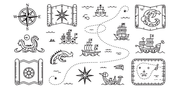 Collection of vintage hand drawn pirate maps and nautical elements in black and white sketch style