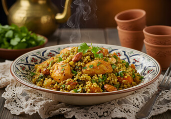 Steaming couscous with chicken and vegetables