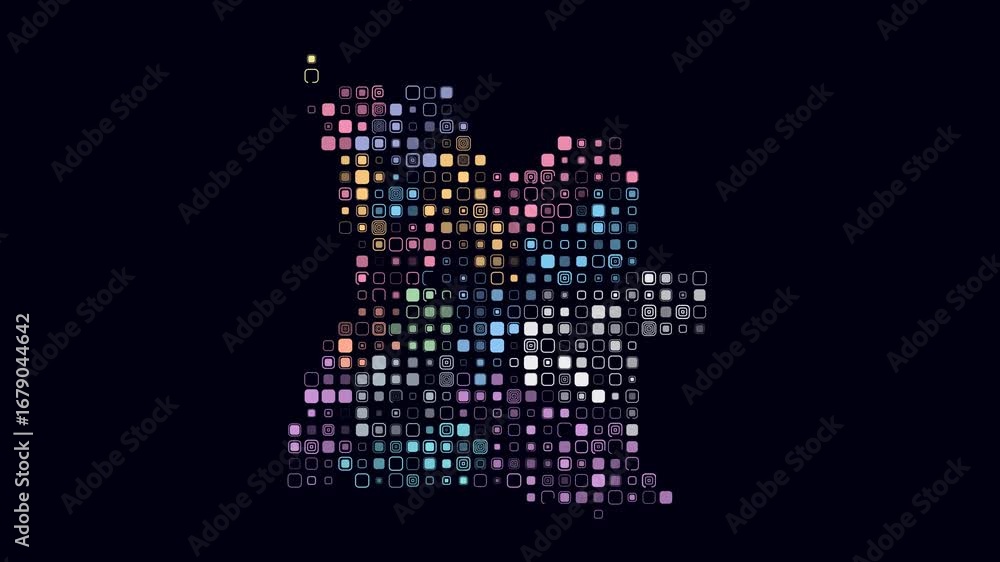 Poster angola dotted animation. shape of the country build of pulsating colored dots. large size rounded sq