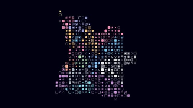Angola dotted animation. Shape of the country build of pulsating colored dots. Large size rounded square blocks. Digital style map on dark background. Stylish video.