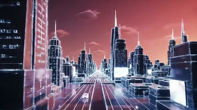 Futuristic Digital Cityscape with Cars Driving Through a Neon Wireframe Metropolis at Sunset.