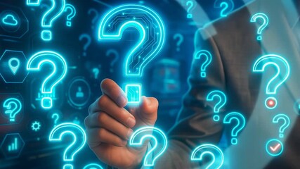 Business professional interacting with digital question mark icons and futuristic data analytics for decision-making and problem-solving solutions. - Powered by Adobe