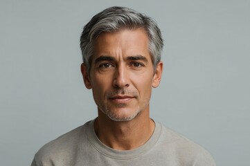 Fototapeta premium Serious middle-aged man portrait, studio, grey background, website profile