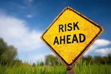 A yellow warning sign reading "RISK AHEAD" stands amidst green grass and a blue sky, indicating potential danger in the area.